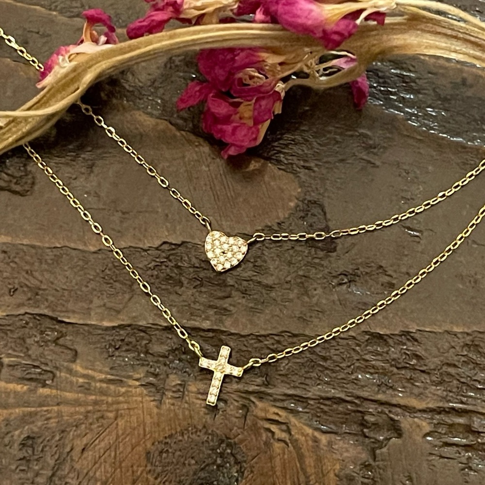 Gold Double Layered Necklace with dainty heart and cross